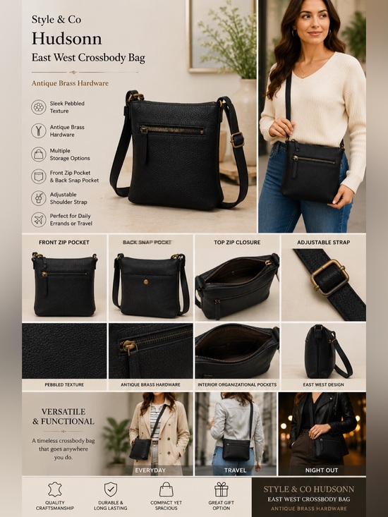 Style & Co Handbags - Style & Co‎ Hudsonn Black East West Crossbody Bag Antique Brass Hardware NEW